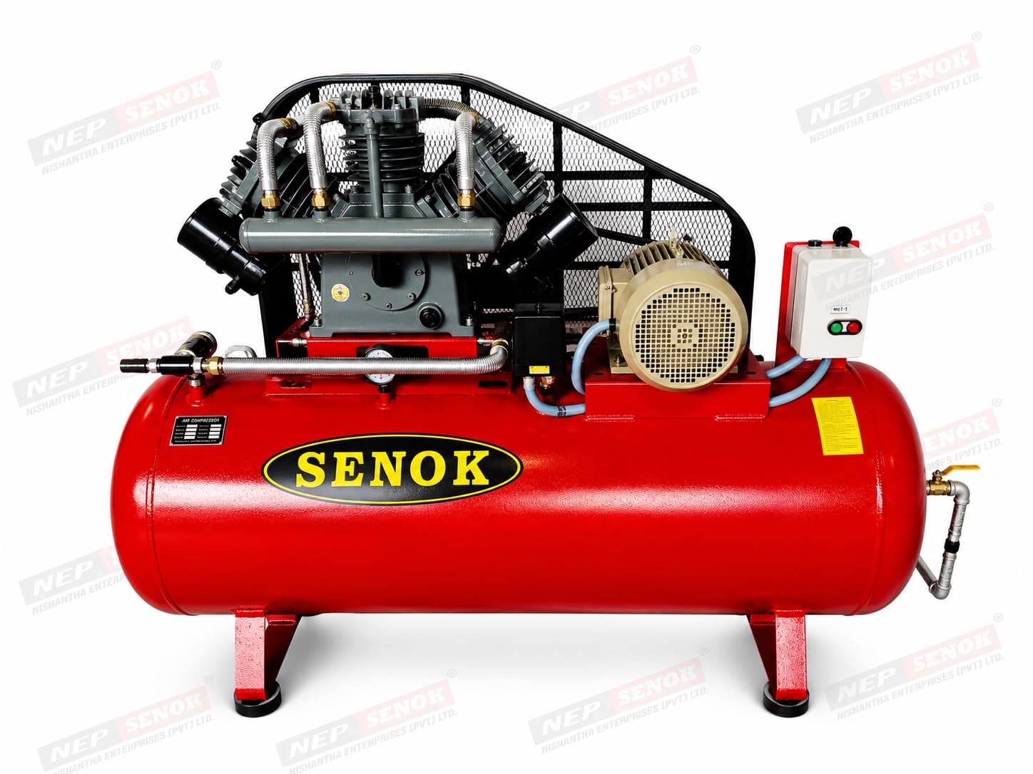 An industrial air compressor mounted on a horizontal receiver tank.
