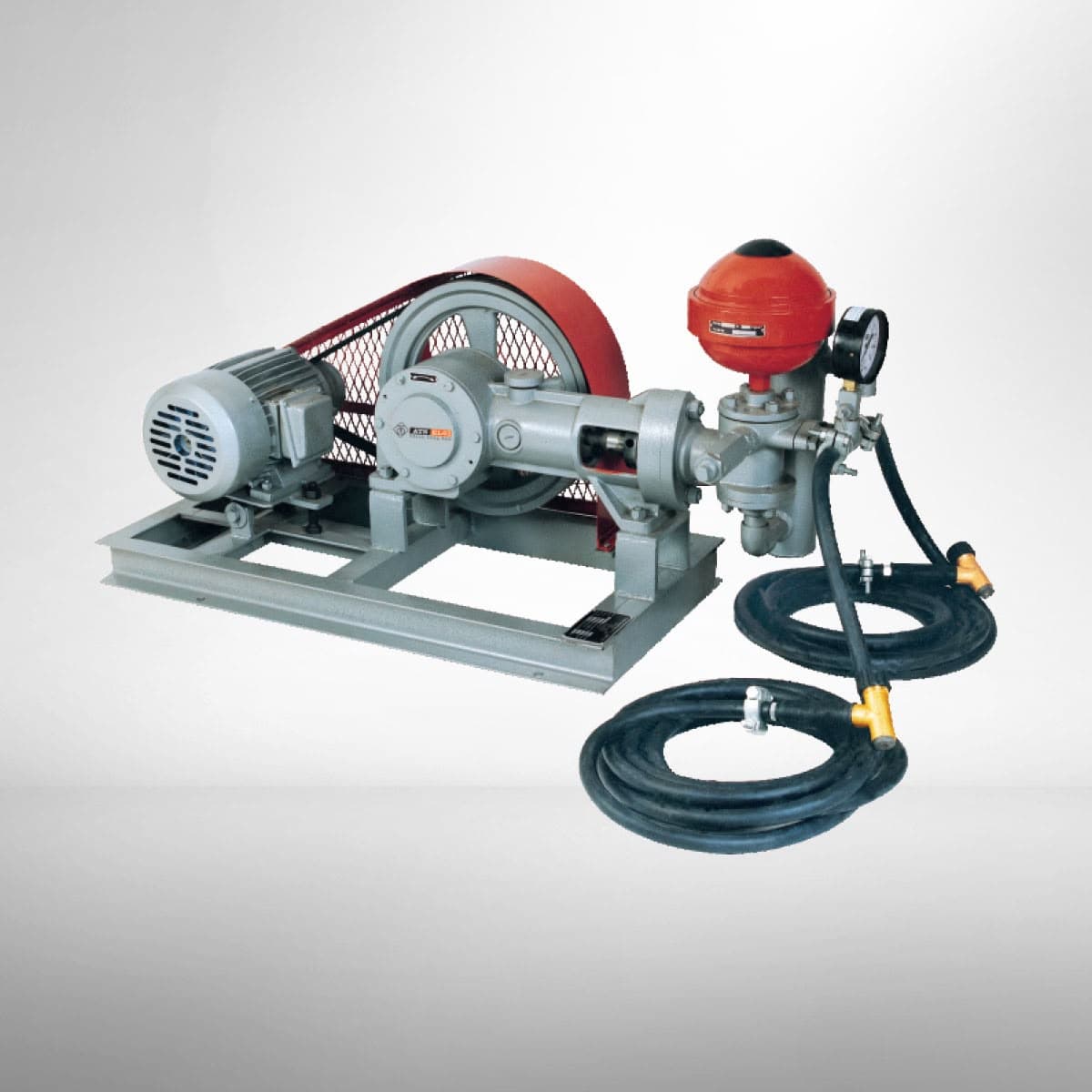 A single-plunger high-pressure vehicle washing pump on its steel stand.